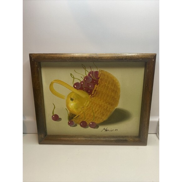 Marian? Still Life Basket Of Fruit Cherries And Orange Oil Painting On Canvas - Picture 1 of 9
